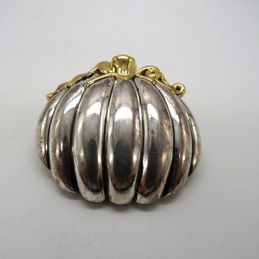 Vintage Best Brooch Pendant 2" Pumpkin Shaped Silver‎ Gold Tone Vintage